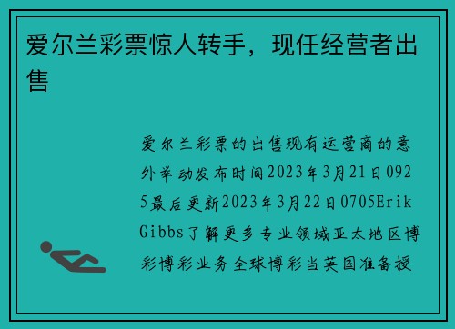 爱尔兰彩票惊人转手，现任经营者出售 